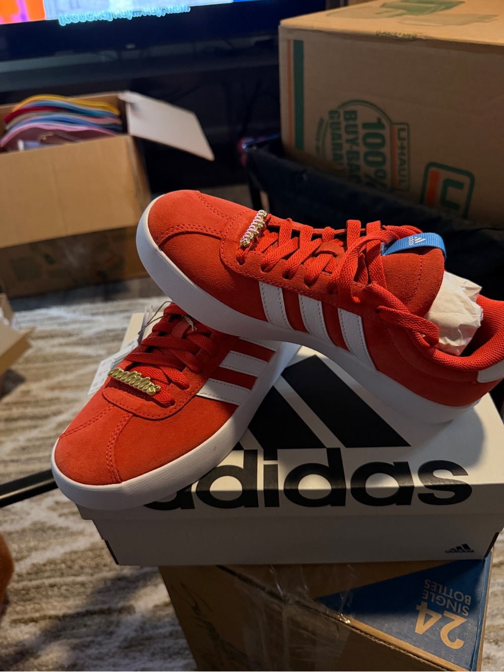 adidas Kids Red and White Low-Top Sneakers with Gold Lace Jewel